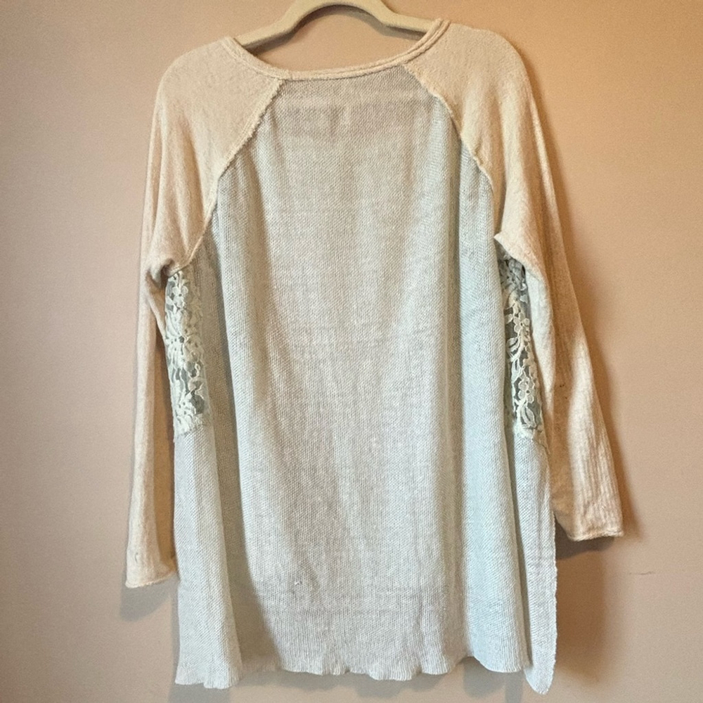 Free People Oversized XS Boho Mixed Media Knit Lace Sweater Cream Baggy Slouchy - Picture 2 of 13
